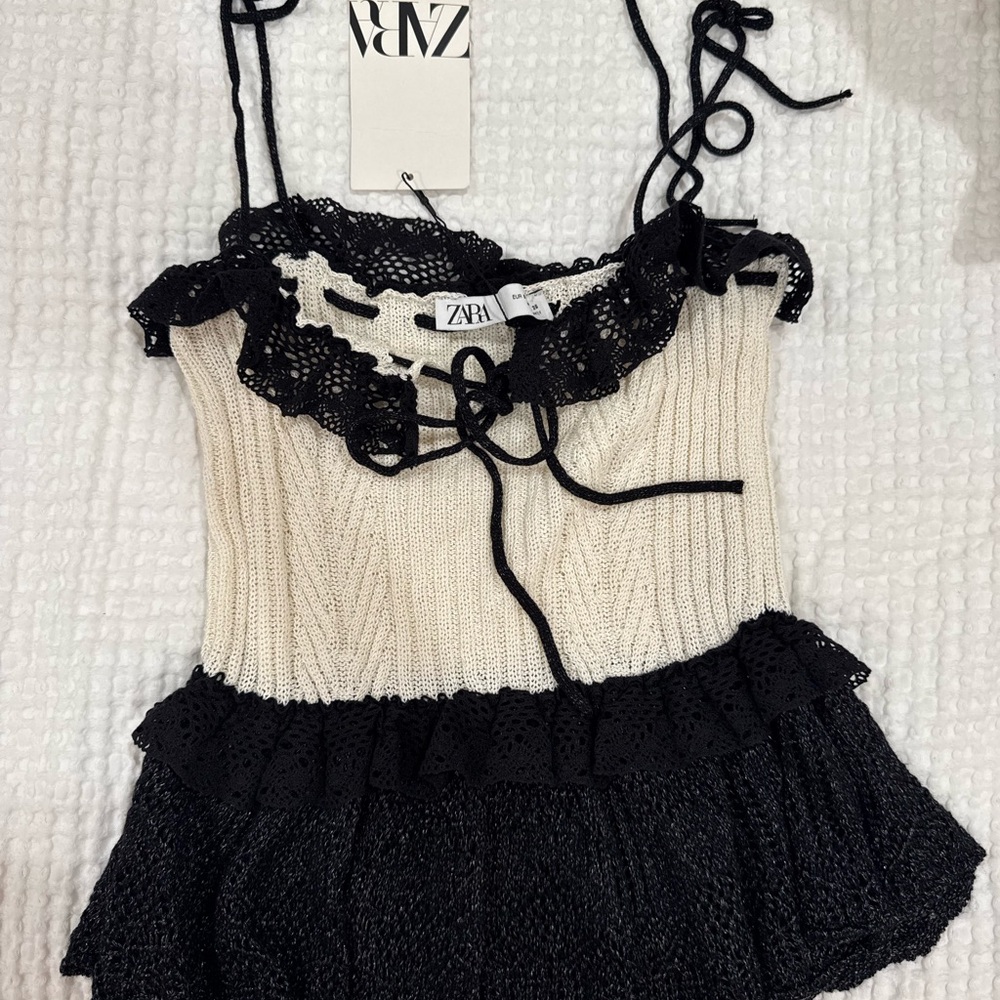 NWT Zara Cream Knit Tank with Black Lace Trim